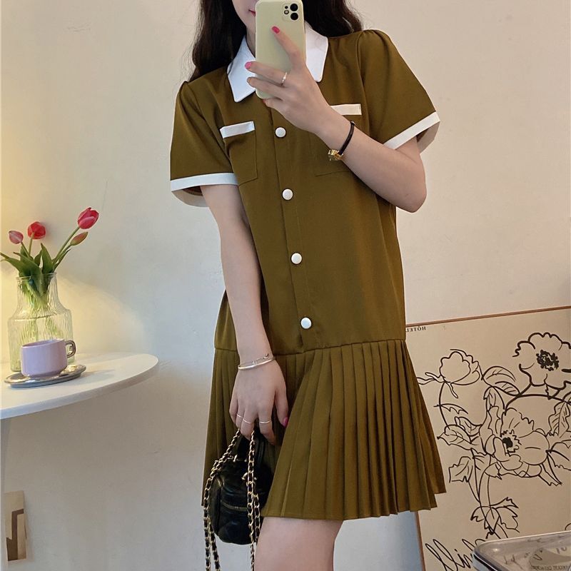 襟付き プリーツワンピース 半袖 ハイウエスト ワンピース プリーツ ポロカラー ミニワンピー