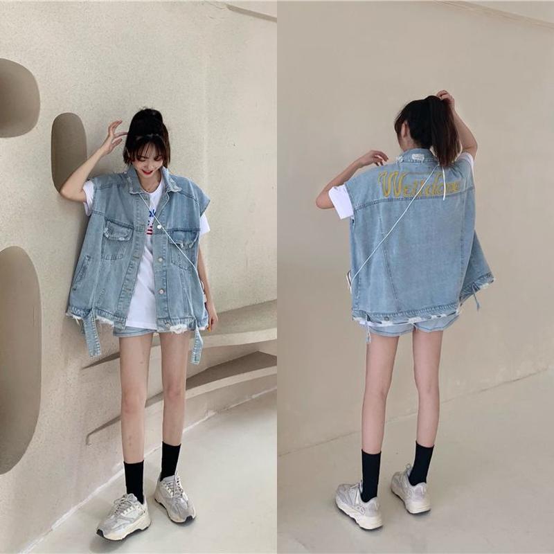 デニムベスト ケミカルウォッシュ加工 刺繍 韓国ファッション レディース ベスト デニムジャケ