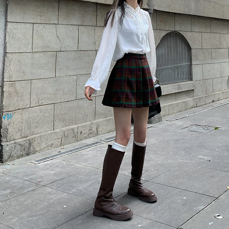 セットアップ チェック柄 ウールジャケット プリーツスカート ブラウン 韓国ファッション