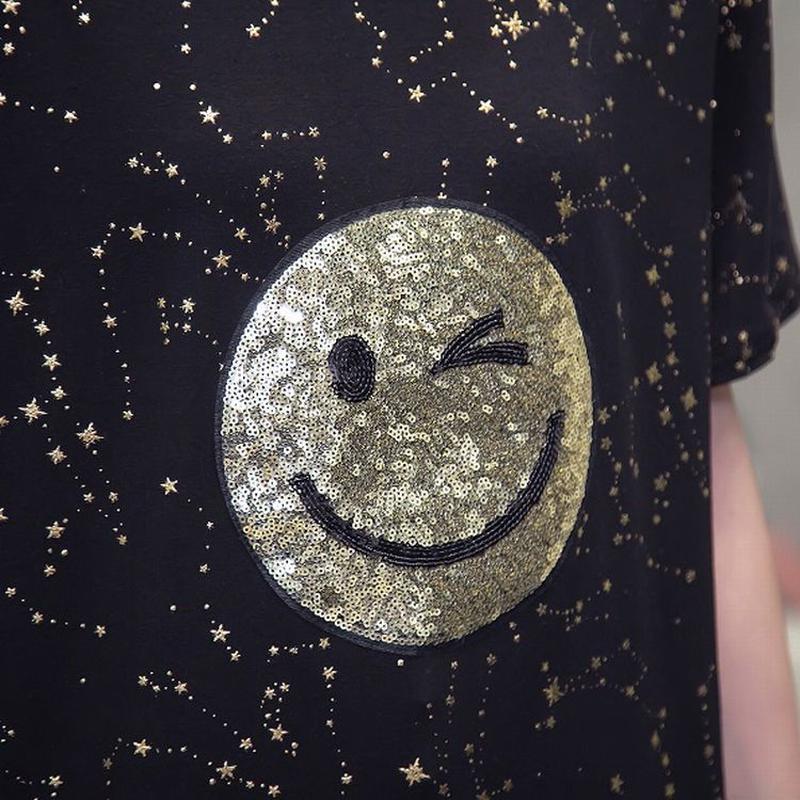 レディース スパンコール ニコちゃんマーク Tシャツ 星プリント ラウンドネック 大きいサイズ