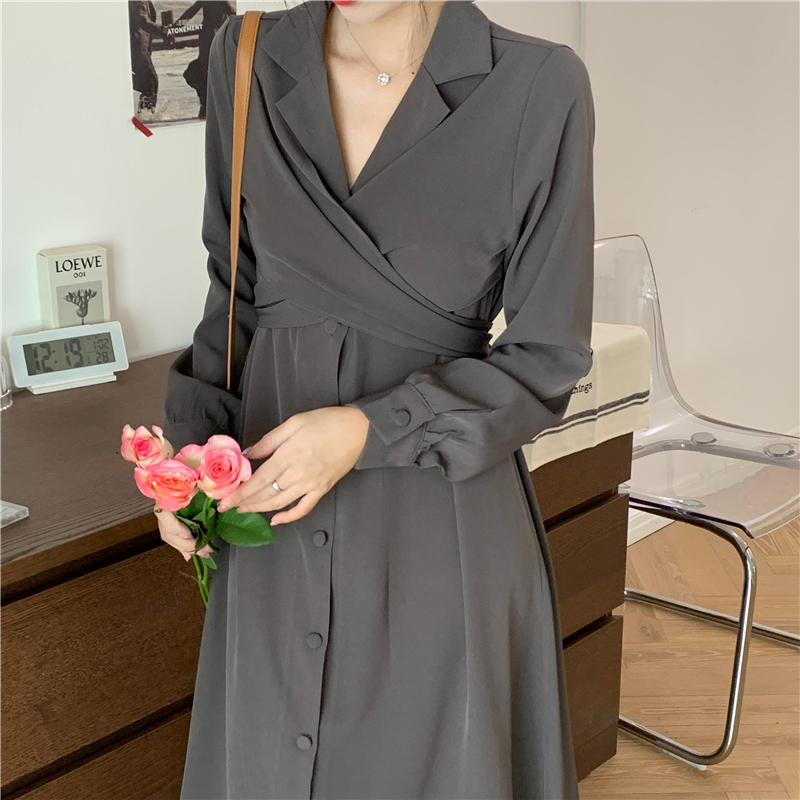 襟付き ワンピース バックリボン ウエストマーク ロング丈 長袖 ハイウエスト 韓国ファッショ