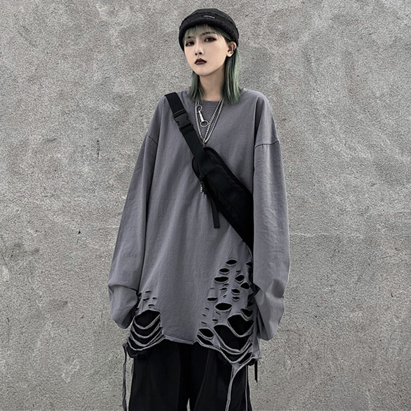 ユニセックス Tシャツ 長袖 ダメージ加工 無地 ロンt オーバーサイズ 韓国ファッション メ