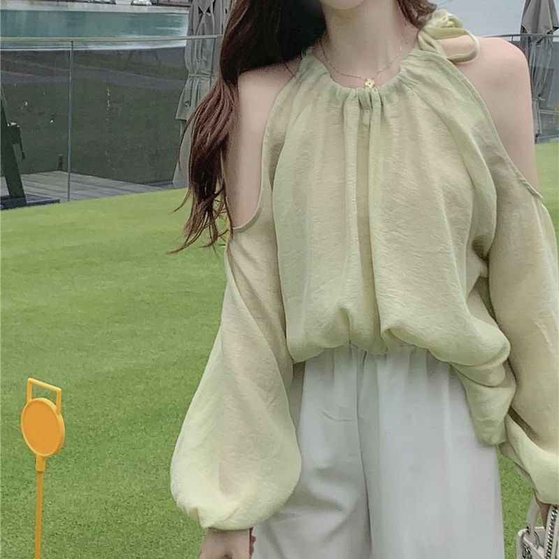 オープンショルダー ブラウス パフ袖 シフォン 透け感 肩出し 肩開き 長袖 韓国ファッション