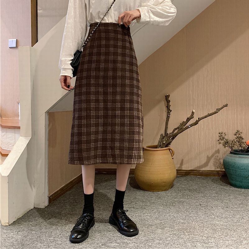 チェック柄 コーデュロイスカート ハイウエスト 韓国ファッション レディース ロングスカート
