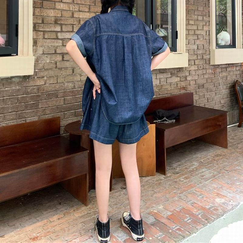 セットアップ デニムシャツ デニムショートパンツ 半袖 パンツスーツ ゆったり デニム レトロ セットアップ デニムシャツ デニムショートパンツ 半袖 パンツスーツ ゆったり デニム レトロ