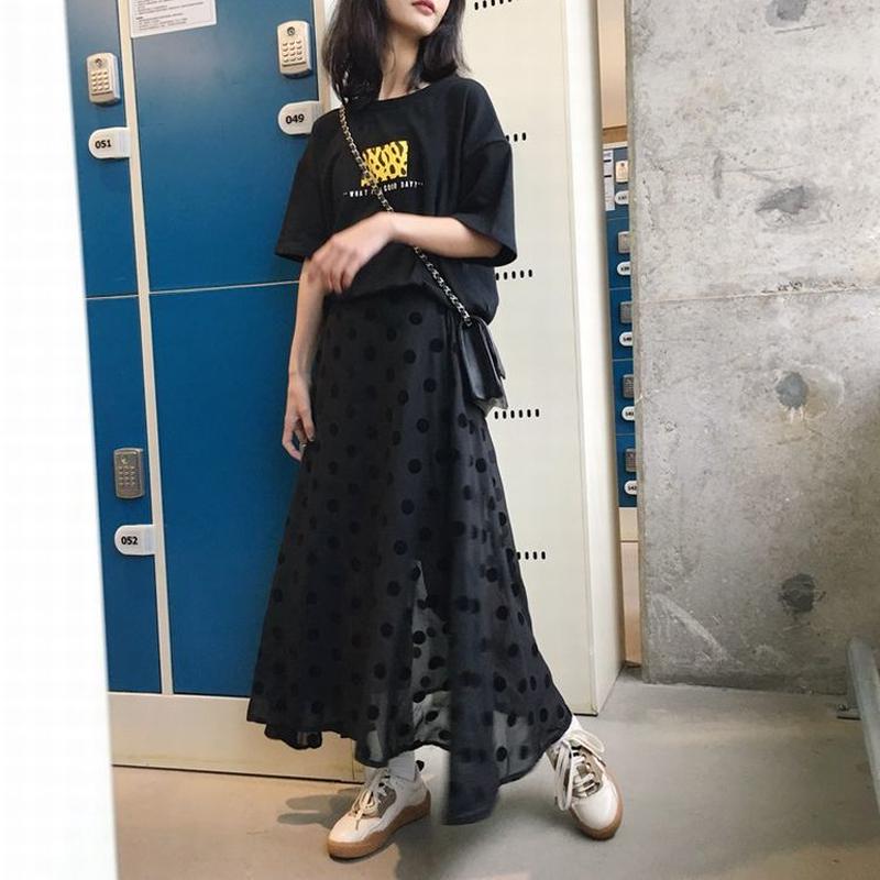 レディース ドット柄 レーススカート ロング丈 スイングスカート ハイウエスト インスタ映え
