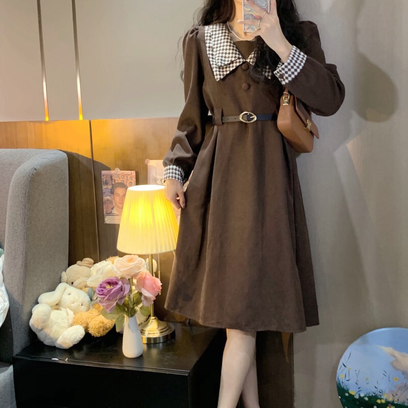 襟付き コーデュロイ ワンピース チェック柄 ベルト Aライン 長袖 ハイウエスト レトロ 韓