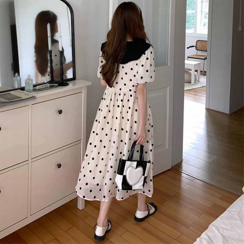 ドット柄 水玉 シャツワンピース 配色 ロング丈 ハイウエスト 半袖 レトロ 韓国ファッション