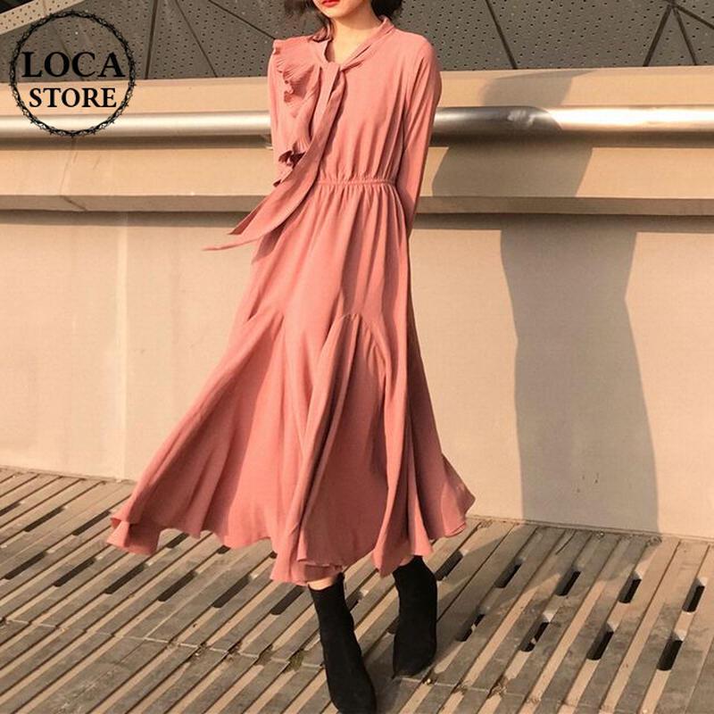 レディース プリーツフリルレースシフォンワンピース ボウタイ アシンメトリー フレアスカート