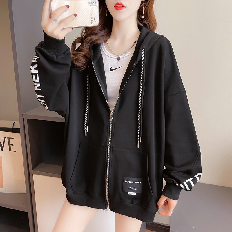 ジップアップ パーカー 袖プリント ドロップショルダー 薄手 オーバーサイズ 韓国ファッション