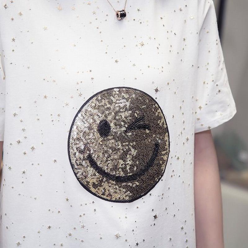レディース スパンコール ニコちゃんマーク Tシャツ 星プリント ラウンドネック 大きいサイズ