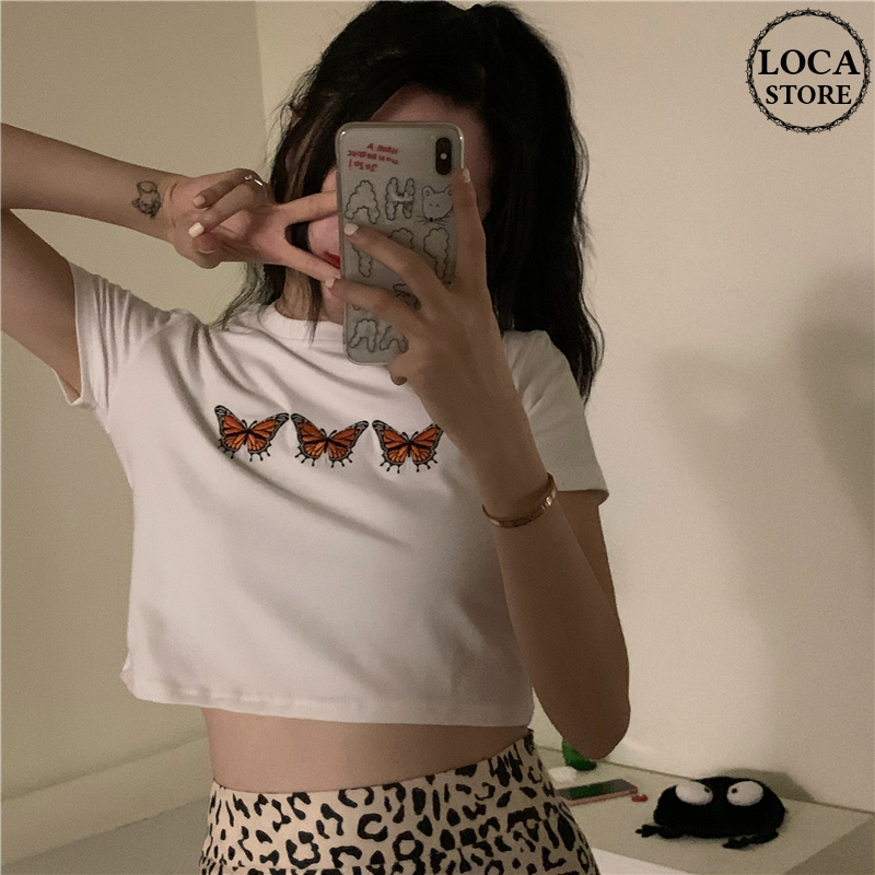 バタフライ Tシャツ 半袖 ショート丈 ホワイト 韓国ファッション レディース 蝶 白 かわい... バタフライ Tシャツ 半袖 ショート丈 ホワイト 韓国ファッション レディース 蝶 白 かわい...