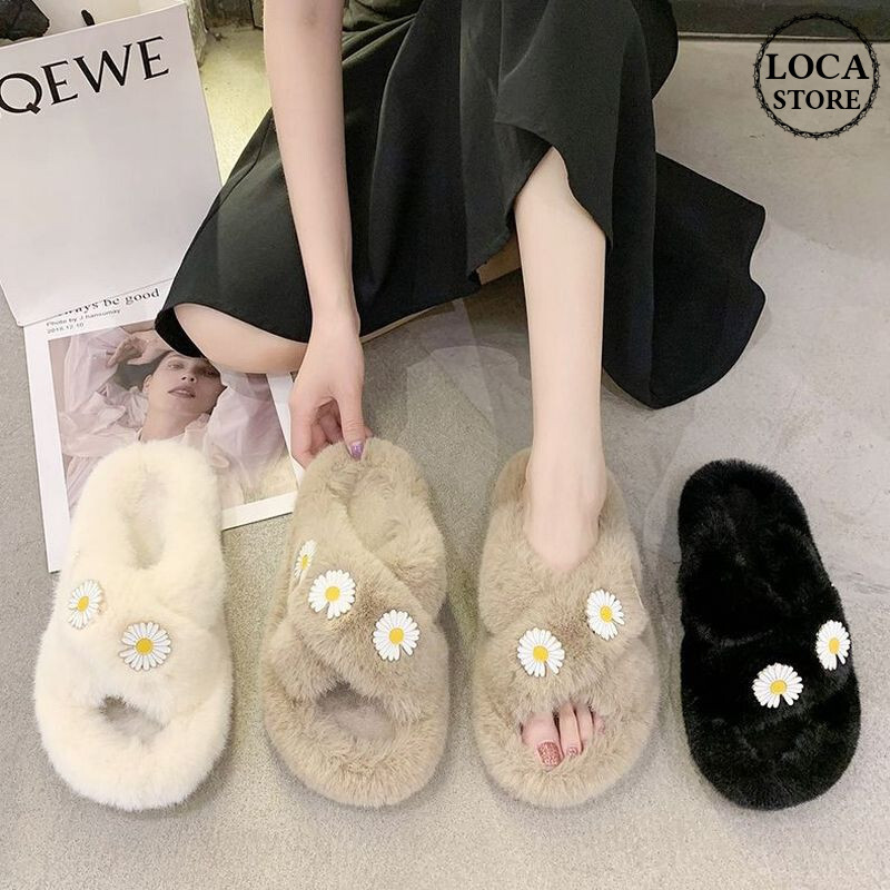 ファーサンダル 花柄 クロスベルト もこもこ 韓国ファッション サンダル ぺだんこサンダル ス