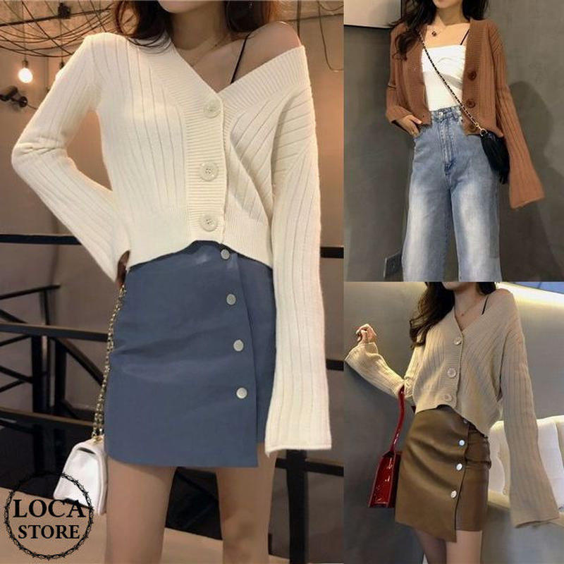 レディース ロングスリーブ Vネックショート丈カーディガン 韓国ファッション オルチャン D