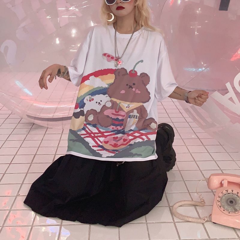 レディース 可愛いクマプリント Tシャツ ゆったり 半袖 インスタ映え ストリート 韓国ファッ