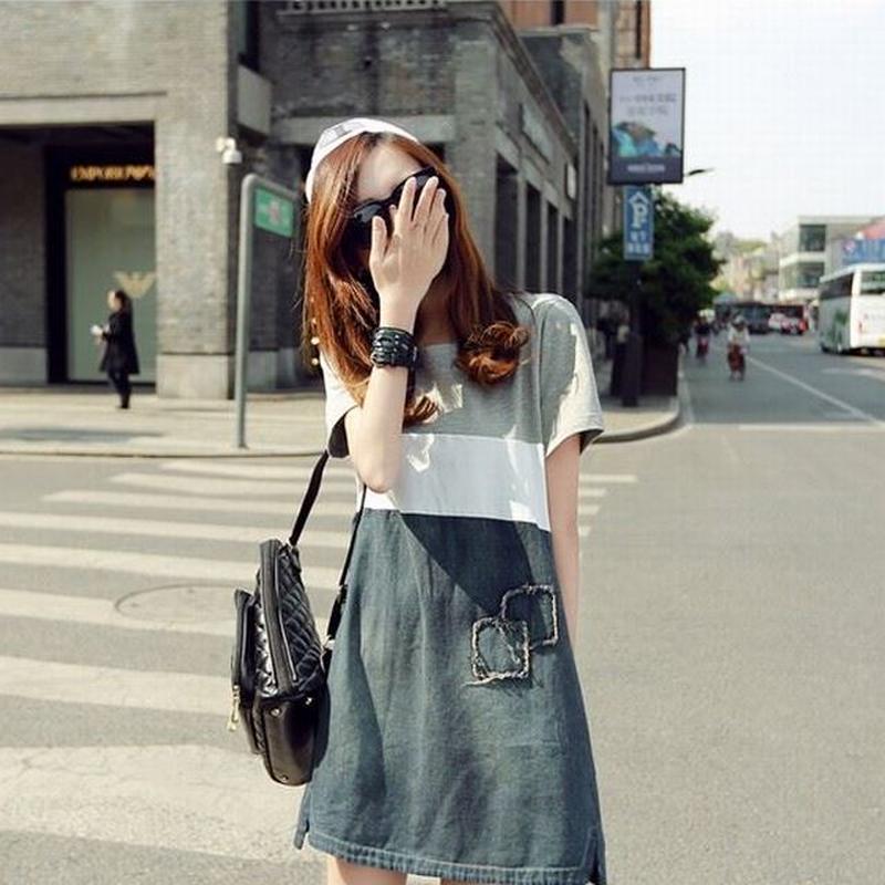 レディース デニム切り替えワンピース 膝丈 半袖 ボーダー Aライン フェミニン 韓国ファッシ