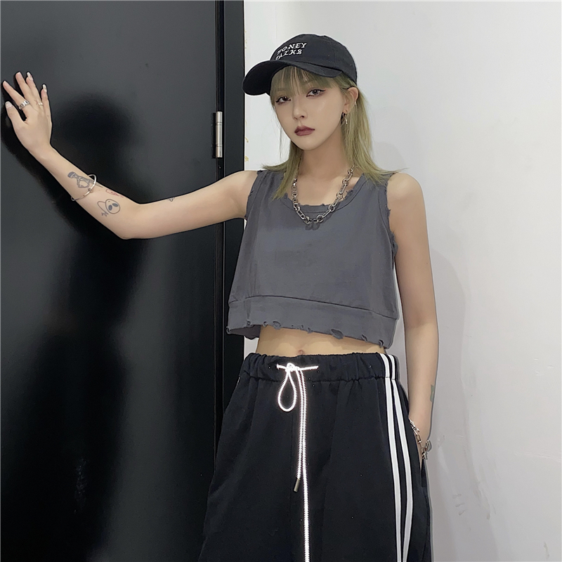 クロップド タンクトップ ダメージ加工 ショート丈 ルーズ 韓国ファッション レディース カジ