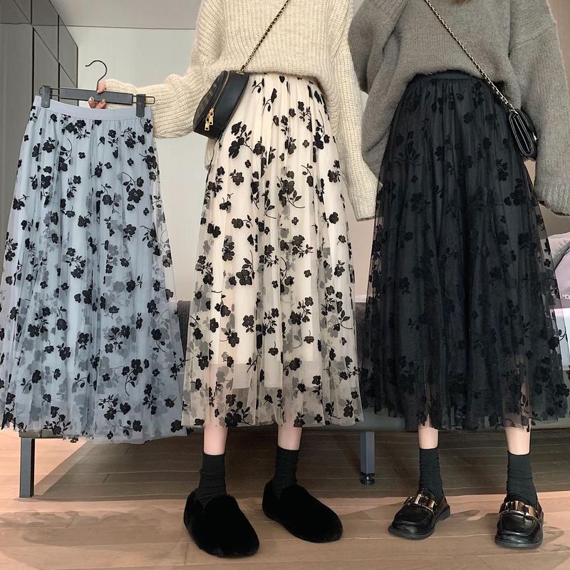 花柄チュールスカート レース ギャザー ロング丈 ハイウエスト ウエストゴム 韓国ファッション 花柄チュールスカート レース ギャザー ロング丈 ハイウエスト ウエストゴム 韓国ファッション