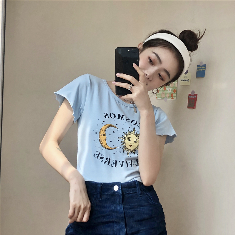Tシャツ 半袖 袖切りっぱなし ショート丈 月と太陽 ブルー 韓国ファッション レディース 青