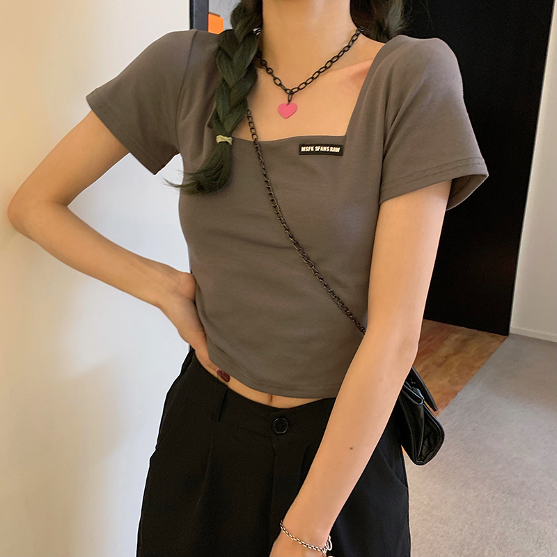 クロップド丈 Tシャツ スクエアネック へそ出し 半袖 夏 韓国ファッション レディース ショ