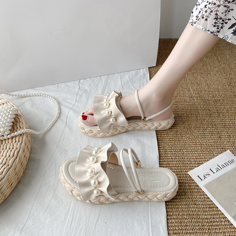 フリルサンダル パール付き アンクルストラップ コンフォートサンダル ローヒール 韓国ファッシ フリルサンダル パール付き アンクルストラップ コンフォートサンダル ローヒール 韓国ファッシ