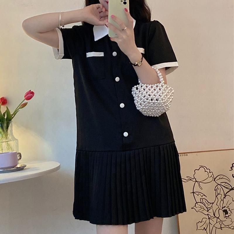 襟付き プリーツワンピース 半袖 ハイウエスト ワンピース プリーツ ポロカラー ミニワンピー