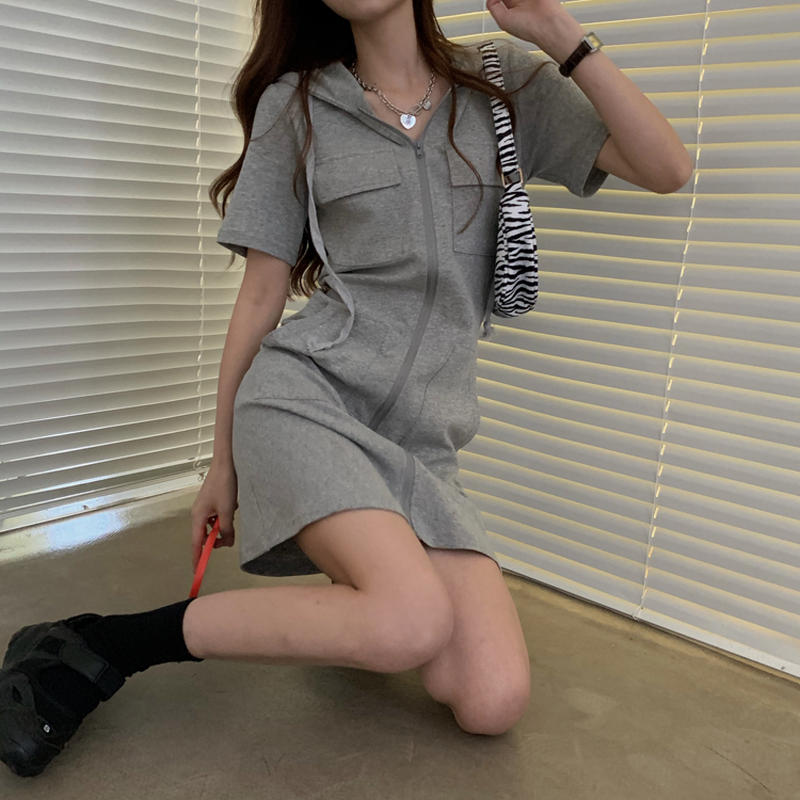 3カラー パーカーワンピース ポケット付き 半袖 フード付き ミニワンピース ジップアップ