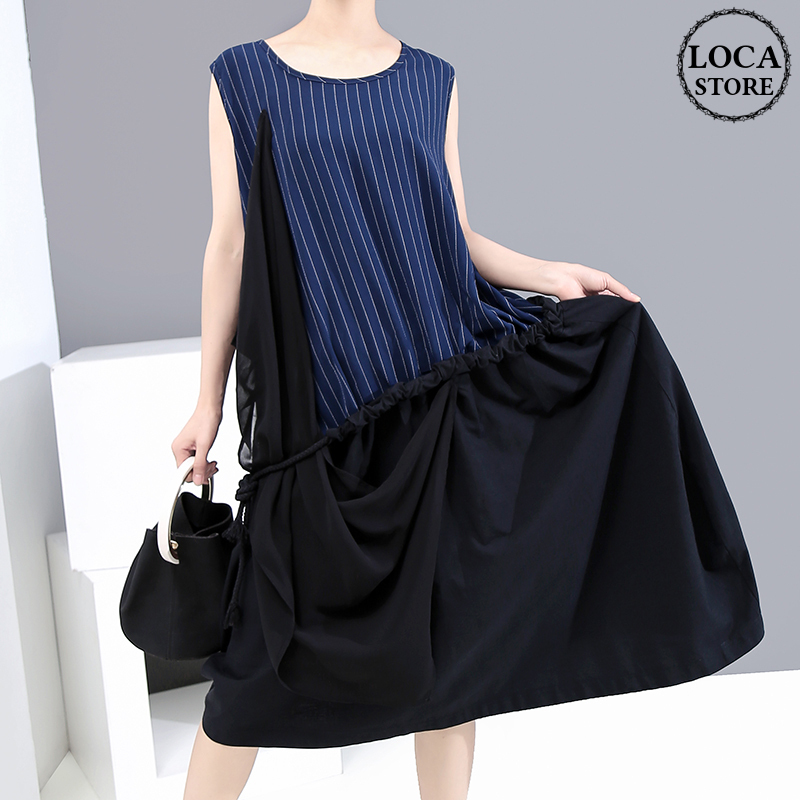 ノースリーブ ドッキングワンピース ストライプ 韓国ファッション レディース 半袖 ワンピース