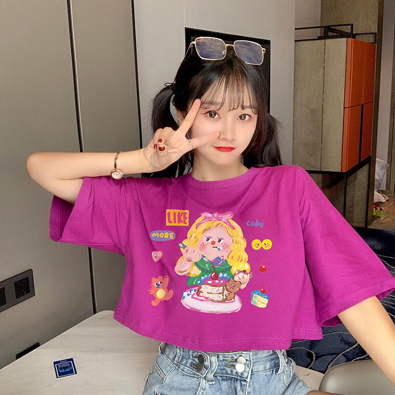 Tシャツ 半袖 ショート丈 パープル 韓国ファッション レディース トップス ラウンドネック