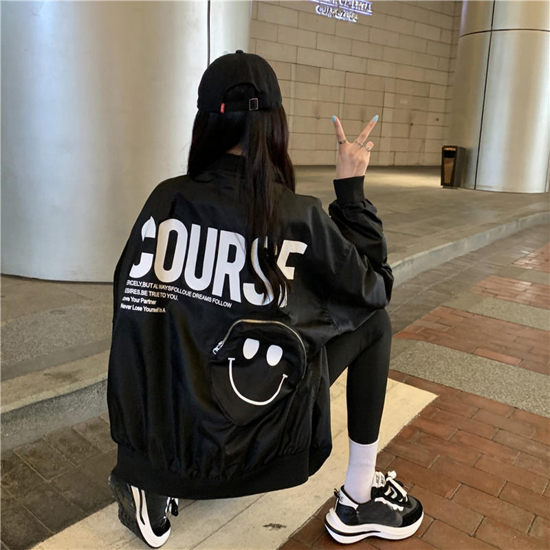 スタジャン スマイル ブルゾン ゆったり アウター 韓国ファッション レディース Ma 1 ニ スタジャン スマイル ブルゾン ゆったり アウター 韓国ファッション レディース Ma 1 ニ