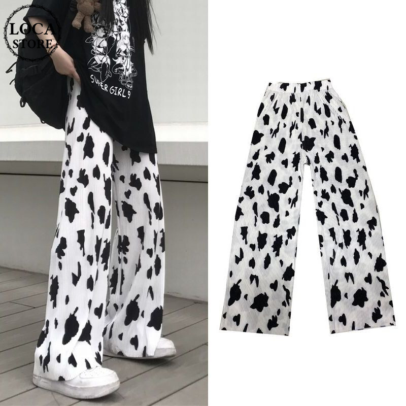 ワイドパンツ 牛柄 ウエストゴム ハイウエスト ストレート 韓国ファッション レディース アニ