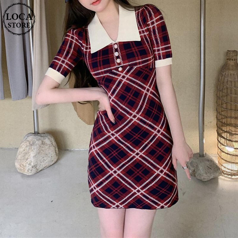 チェック ニット ワンピース 半袖 Polo襟 ハイウエスト 韓国ファッション レディース シ