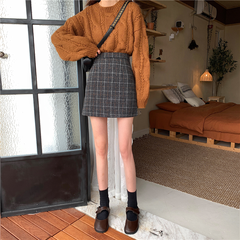 ミニスカート グレー チェック柄 韓国ファッション レディース 台形スカート ハイウエスト タ