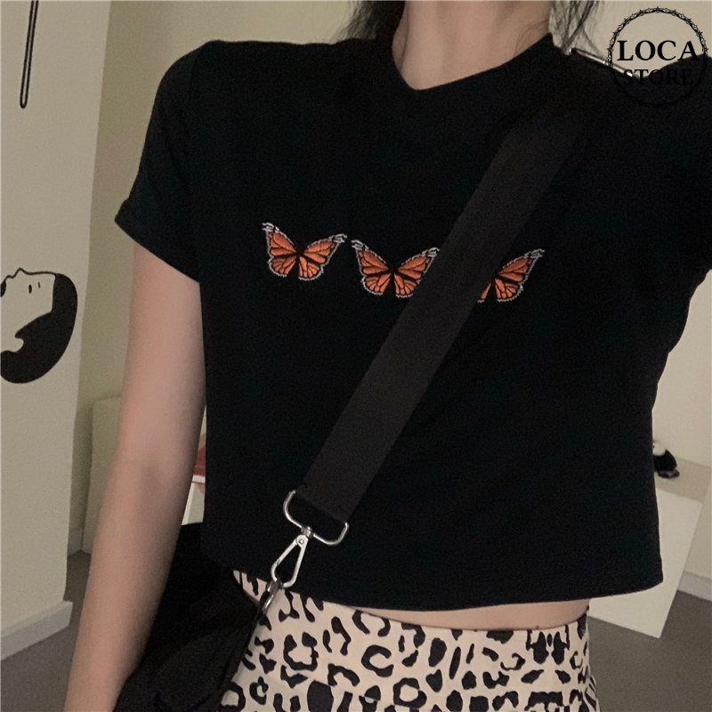 バタフライ Tシャツ 半袖 ショート丈 ブラック 韓国ファッション レディース 蝶 黒 かわい