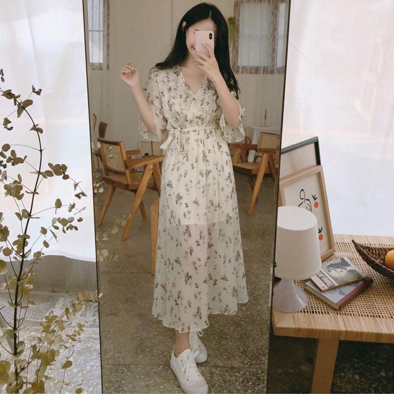 レディース 花柄レースワンピース ボウタイ リボン ガーリー ウエストゴム フェミニン 韓国フ
