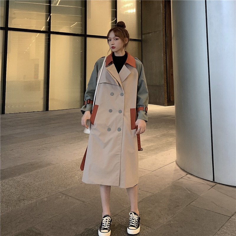 ロングコート バイカラー ベルト付き 袖ベルト 韓国ファッション レディース トレンチコート
