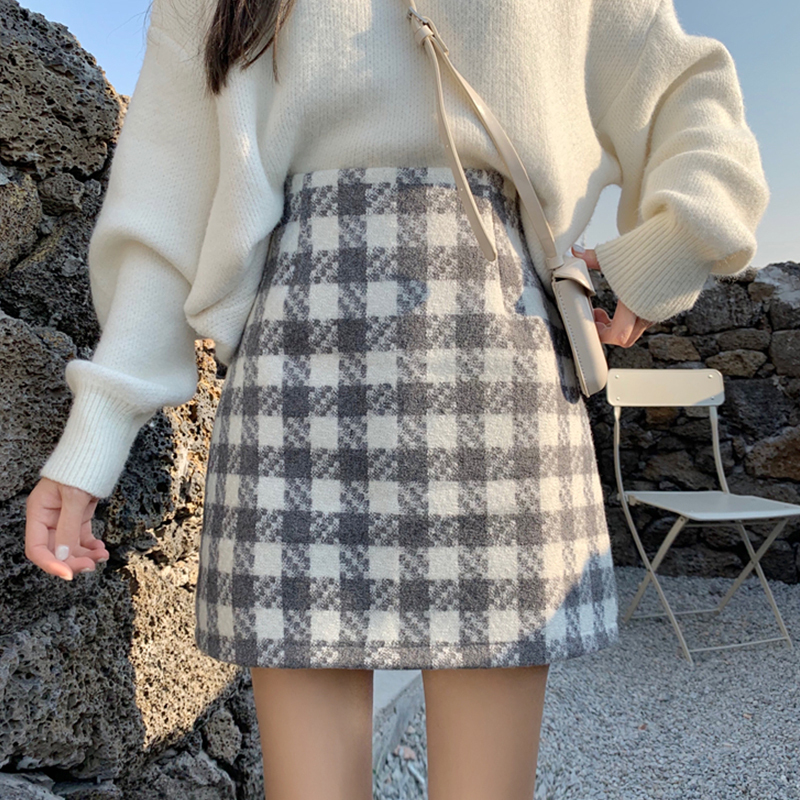 チェック柄 ウール混 タイトミニスカート 韓国ファッション レディース ミニスカート ハイウエ