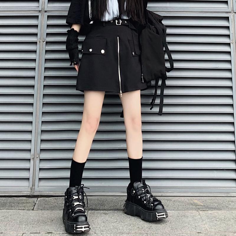 スカート風 ショートパンツ フロントジップ Aライン ハイウエスト 韓国ファッション レディー