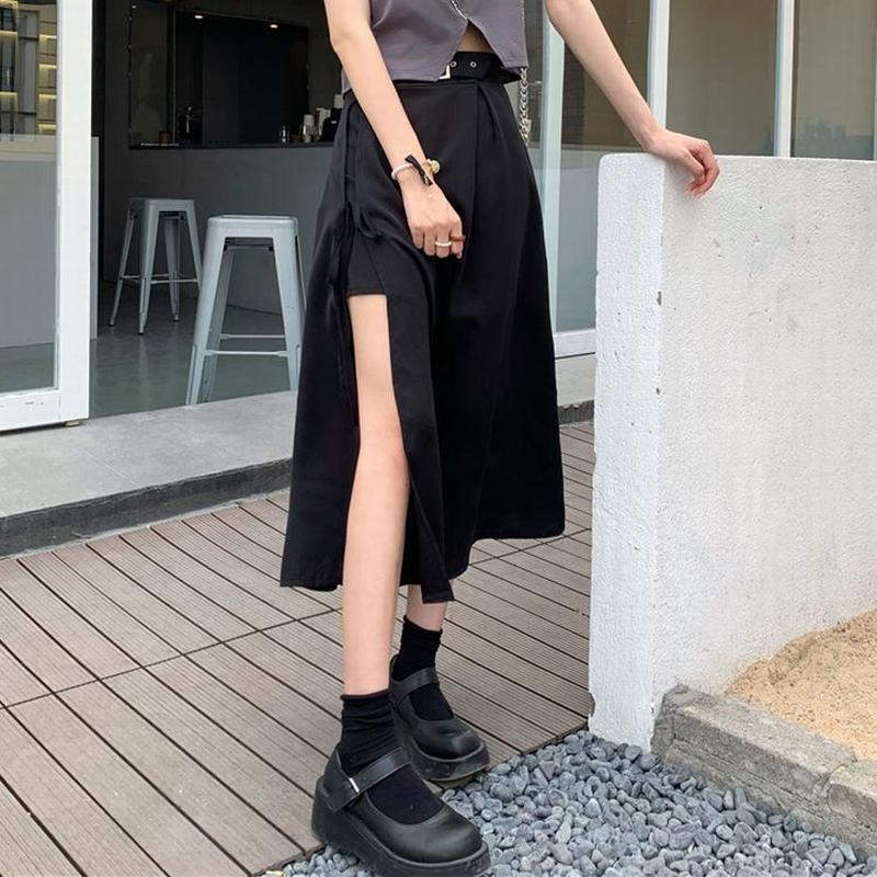 不規則デザイン スプリットスカート Aライン ハイウエスト ブラック 韓国ファッション レディ 不規則デザイン スプリットスカート Aライン ハイウエスト ブラック 韓国ファッション レディ