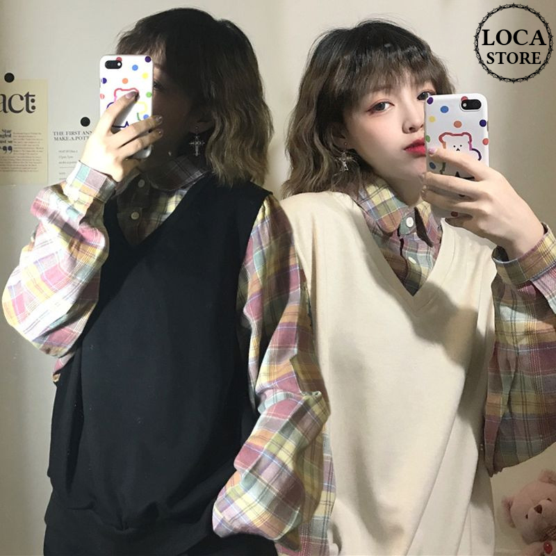 ベスト チェック柄 フェイクレイヤード 韓国ファッション レディース 重ね着風 シャツ ガ