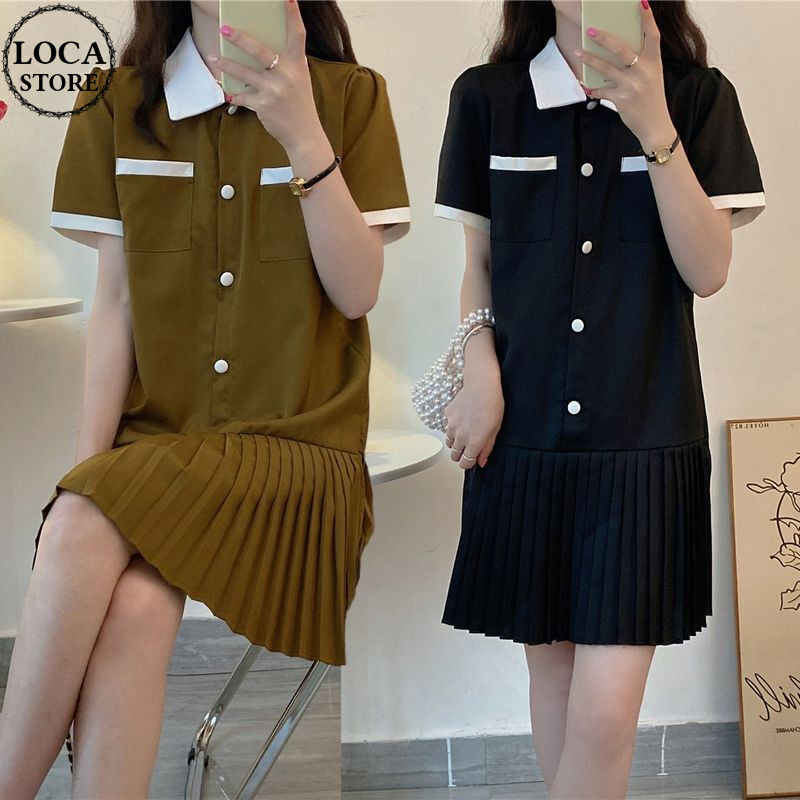 襟付き プリーツワンピース 半袖 ハイウエスト ワンピース プリーツ ポロカラー ミニワンピー