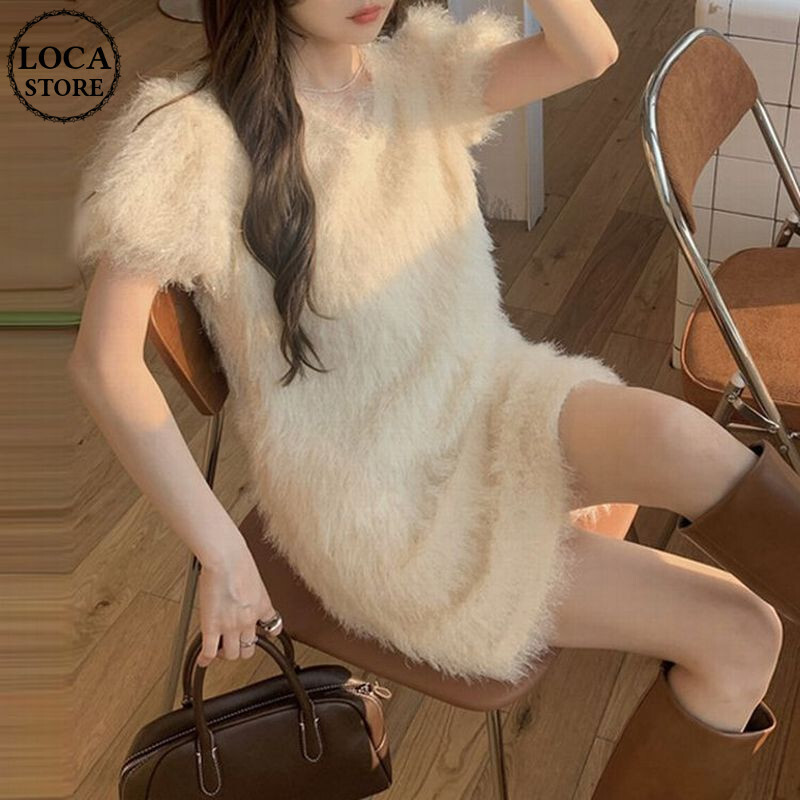 シャギーニットワンピース Vネック ショート丈 パフスリーブ ハイウエスト ワンピース 半袖