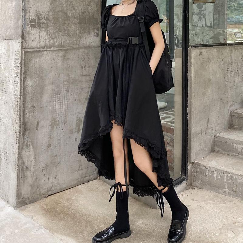 ワンピース アシンメトリー フィッシュテール ベルト パフ袖 韓国ファッション レディース 前