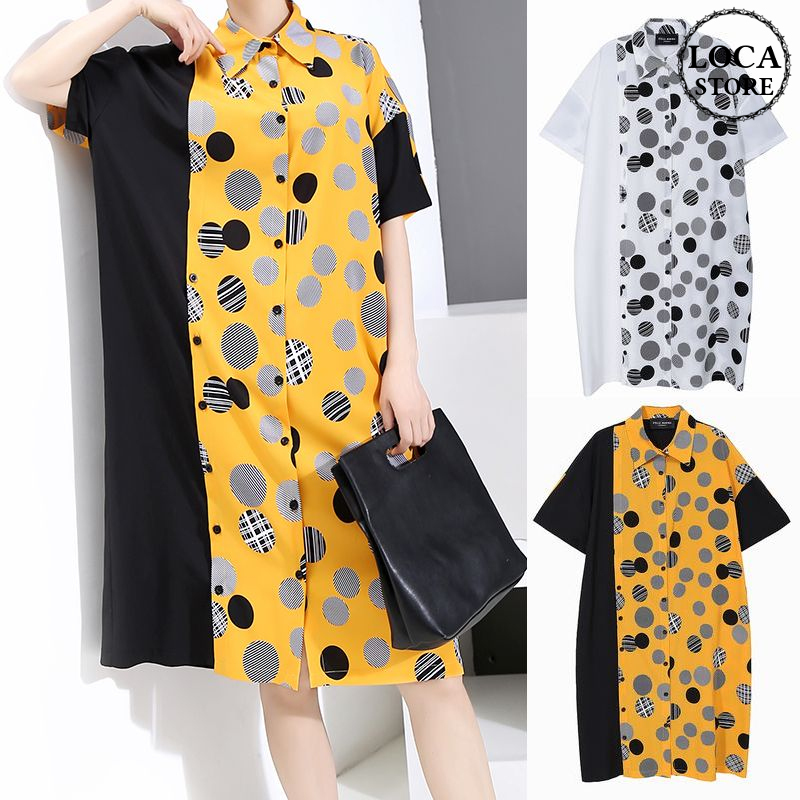 ドット柄 シャツワンピース ルーズ 韓国ファッション レディース ロングシャツ ゆったりウエス