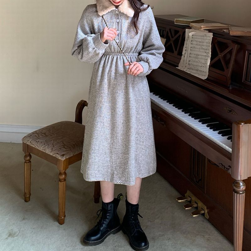 ボアカラーワンピース ボア襟 長袖 Aライン 韓国ファッション レディース ワンピース フレア