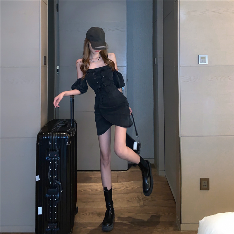 デニム ワンピース 絞り上げ 半袖 ハイウエスト パフ袖 韓国ファッション レディース 大人可