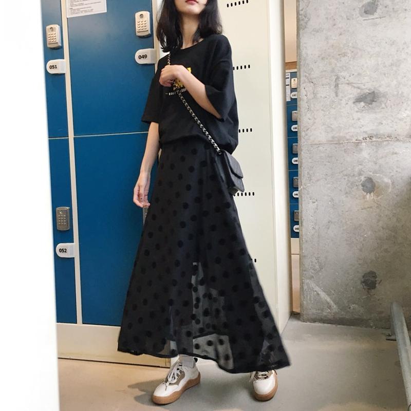 レディース ドット柄 レーススカート ロング丈 スイングスカート ハイウエスト インスタ映え