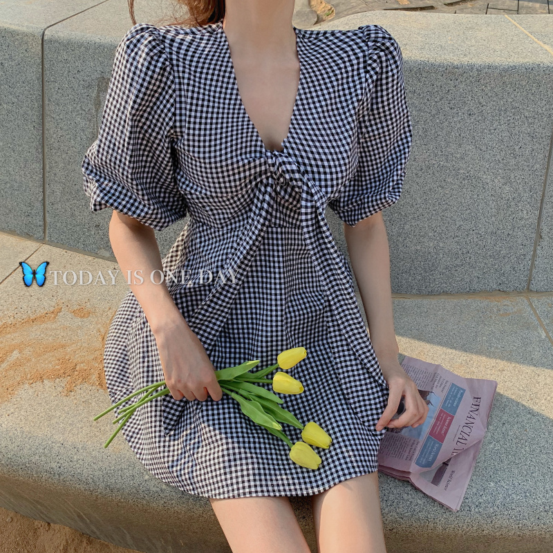 ギンガムチェック ワンピース Vネック 半袖 韓国ファッション レディース リボンタイ ミニ丈