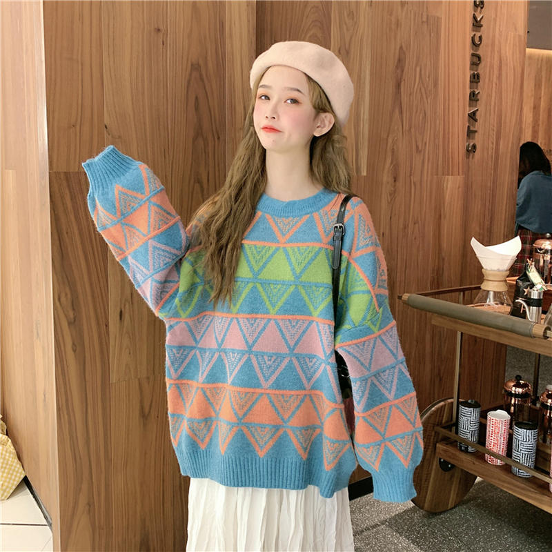 セーター ダイヤモンド柄 プルオーバー 韓国ファッション レディース ダイヤ柄 ニット ニット