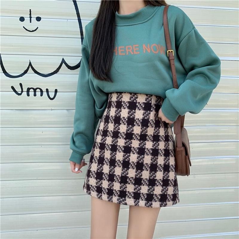チェック柄 ウール混 タイトミニスカート 韓国ファッション レディース ミニスカート ハイウエ